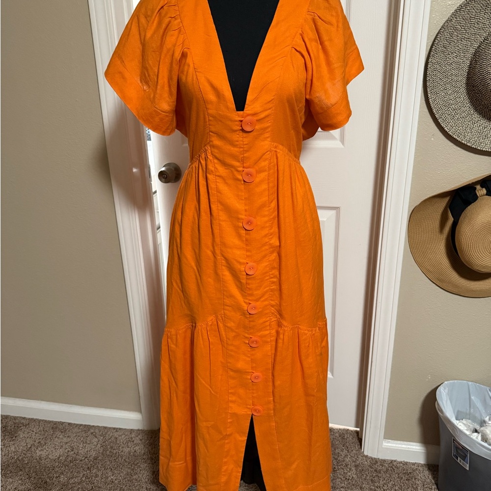Anthropologie Orange Midi Dress with Button Detail